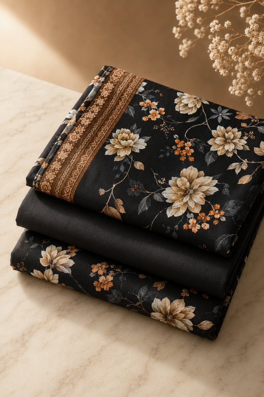 Black Elegance - premium Floral 3-Piece Fabric